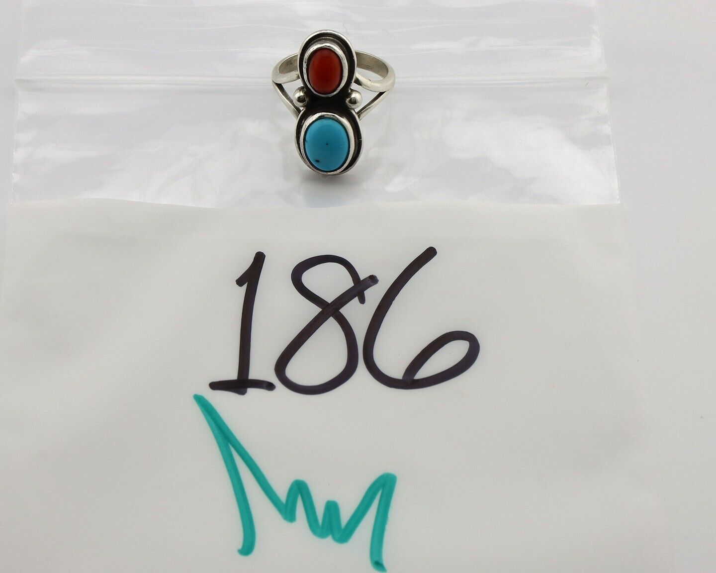Navajo Handmade Ring 925 Silver Coral & Turquoise Native American Artist C.80's