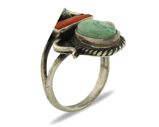 Navajo Ring 925 Silver Coral & Globe Turquoise Native American Artist C.80's