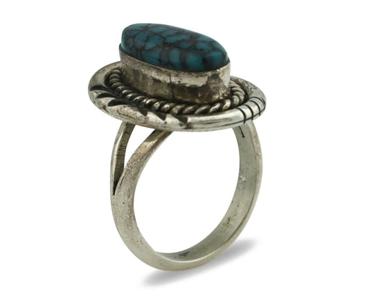 Navajo Ring .925 Silver Spiderweb Turquoise Native American Artist Handmade C80s