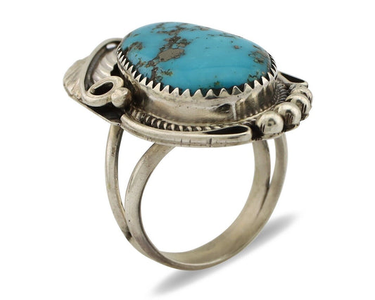 Navajo Inlay Band Ring 925 Silver Blue Morenci Turquoise Signed Justin Morris