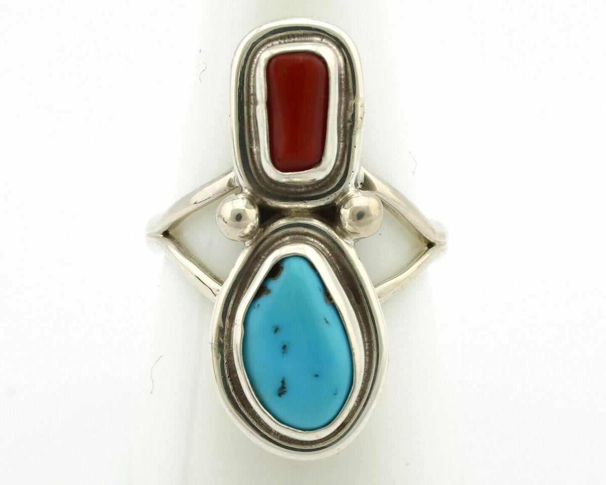 Navajo Ring .925 Silver Blue Turquoise & Red Coral Native American Artist C.80's