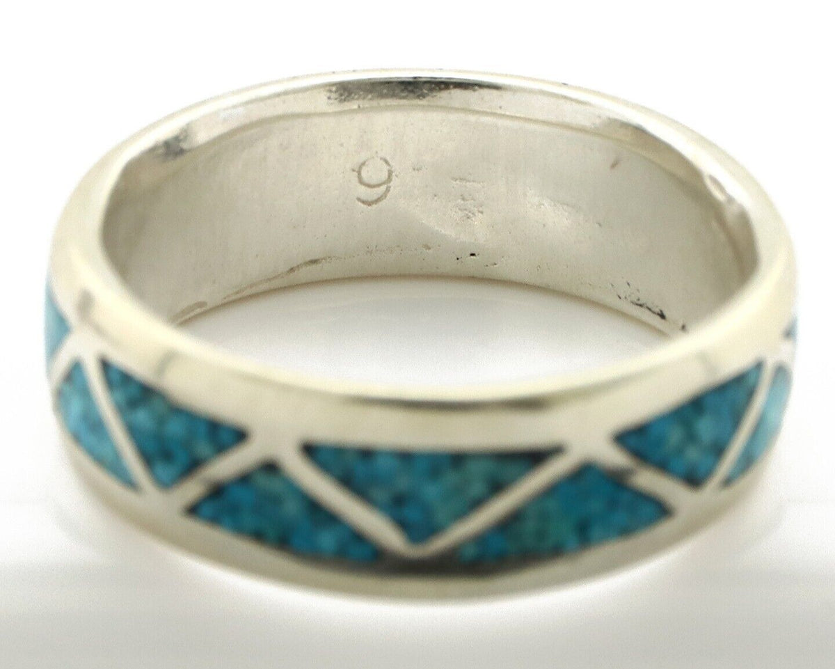 Navajo Chip Inlay Ring 925 Silver Sleeping Beauty Turquoise Artist Silver Cloud