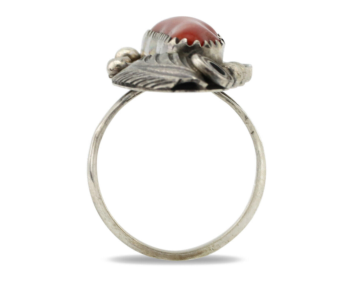Navajo Ring 925 Silver Mediterranean Coral Artist Signed Justin Morris C.80's