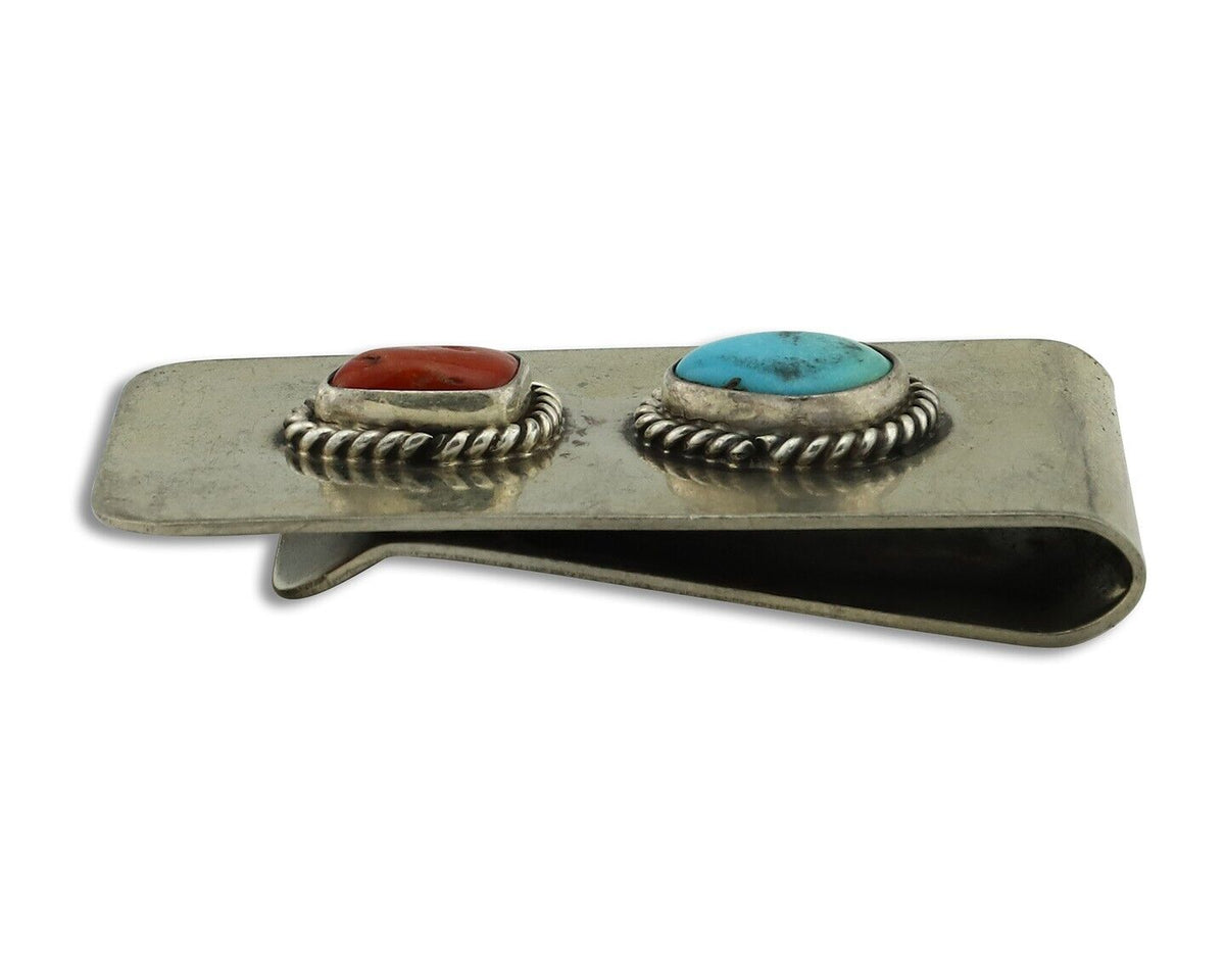 Navajo Money Clip 925 Silver & 999 Nickel Natural Turquoise & Coral Artist C80