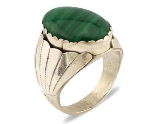 Navajo Ring .925 Silver Natural Green Malachite Artist Signed DL C.1980's