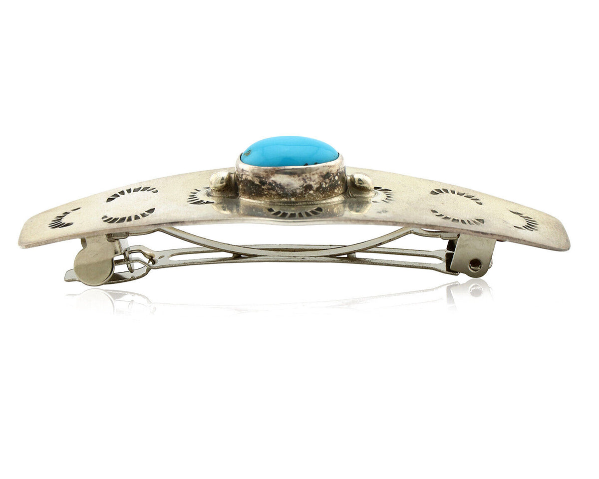 Navajo Hair Clip Barrette 925 Silver Blue Turquoise Native American Artist C.80s