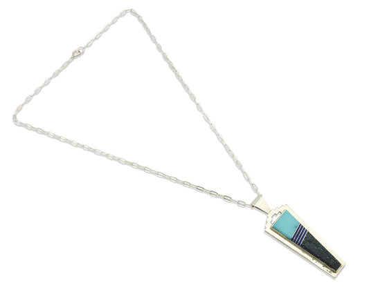 Navajo Necklace .925 Silver Landers Turquoise Signed H+V Thompson C.80's