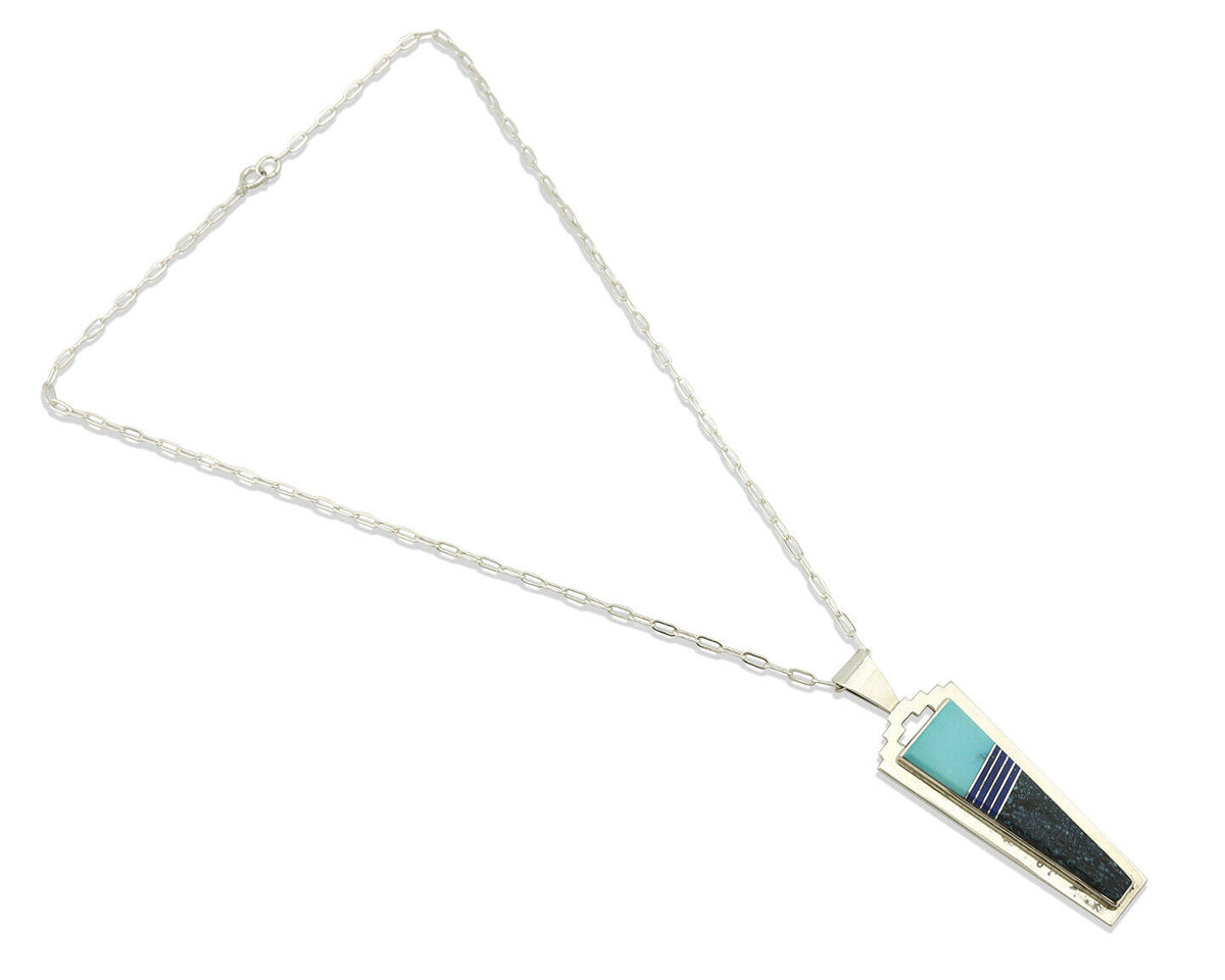 Navajo Necklace .925 Silver Landers Turquoise Signed H+V Thompson C.80's