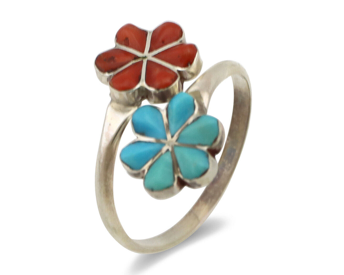 Zuni Flower Ring 925 Silver Turquoise & Coral Native American Artist C.80's