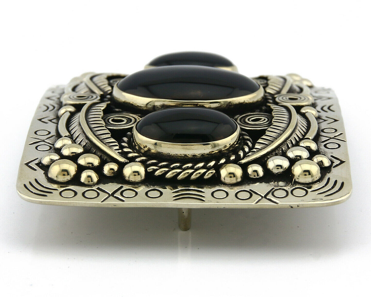 Navajo Handmade Belt Buckle .999 Nickle Silver Onyx Artist Signed Tipi C.80's