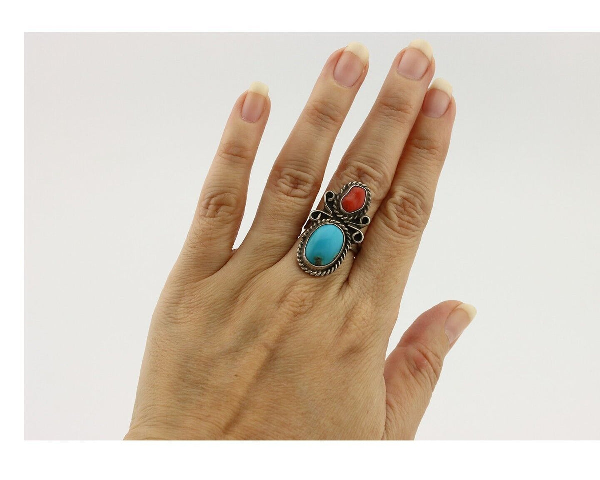 Navajo Ring 925 Silver Blue Turquiose & Mediterranean Coral Native Artist C.80's