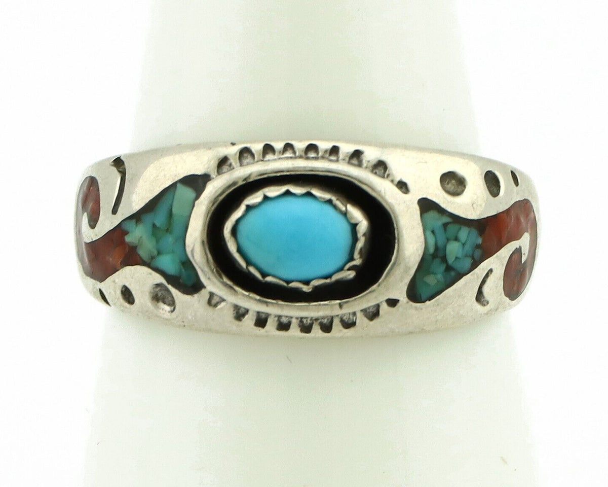 Navajo Handmade Ring 925 Silver Blue Turquoise & Coral Native American C.80's