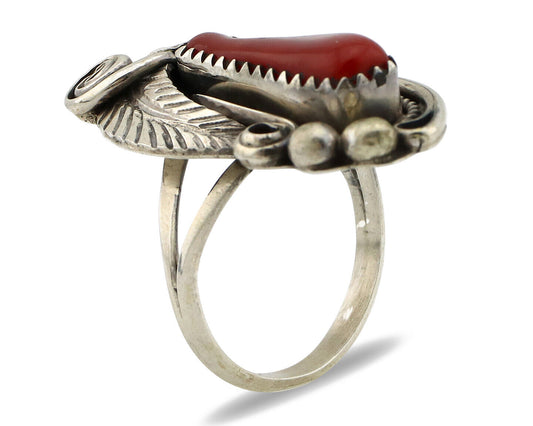 Navajo Ring 925 Silver Mediterranean Coral Artist Signed Justin Morris C.80's