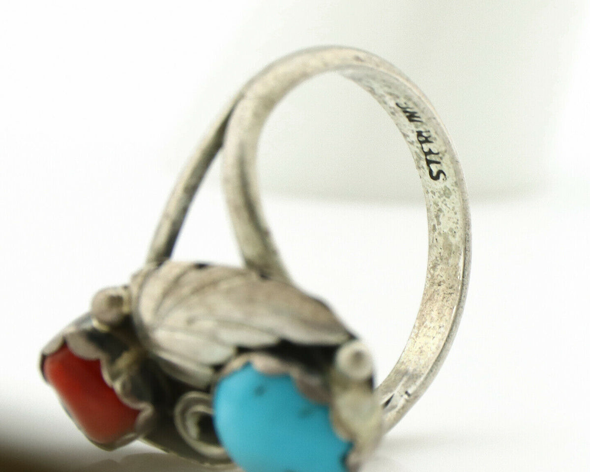 Navajo Ring .925 Silver Turquoise & Coral Native American Artist C.1980's