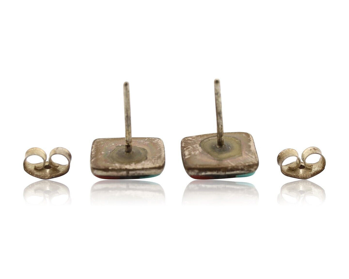 Zuni Earrings 925 Silver Natural Gemstones & Turquoise Native Artist C.80's