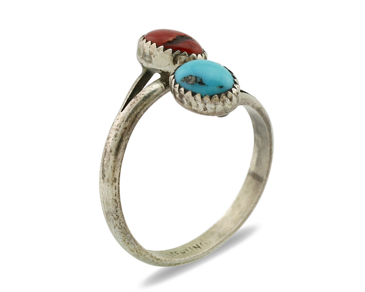Navajo Ring 925 Silver Coral & Turquoise Handmade Native American Artist C.1980s