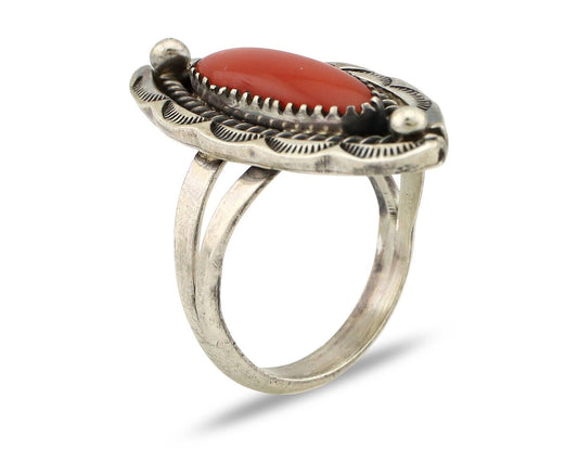 Navajo Handmade Ring 925 Silver Natural Coral Artist Signed K Montoya C.80's