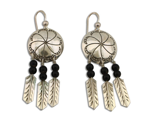 Navajo Earrings 925 Silver Natural Black Onyx Artist Signed T C.80's