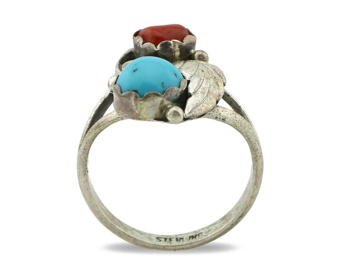 Navajo Ring .925 Silver Turquoise & Coral Native American Artist C.1980's