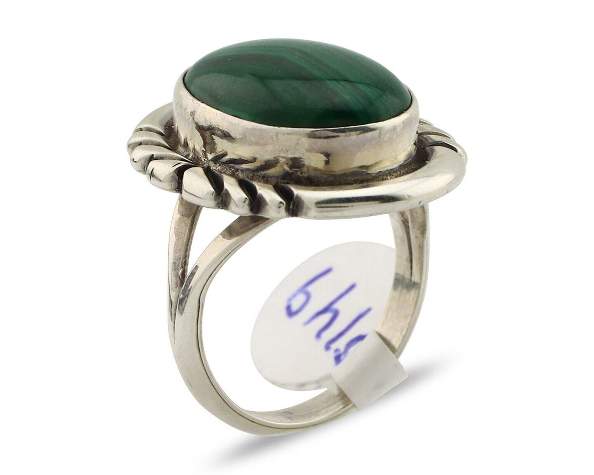 Navajo Ring 925 Silver Malachite Hand Stamped Signed NAKAI C.80's