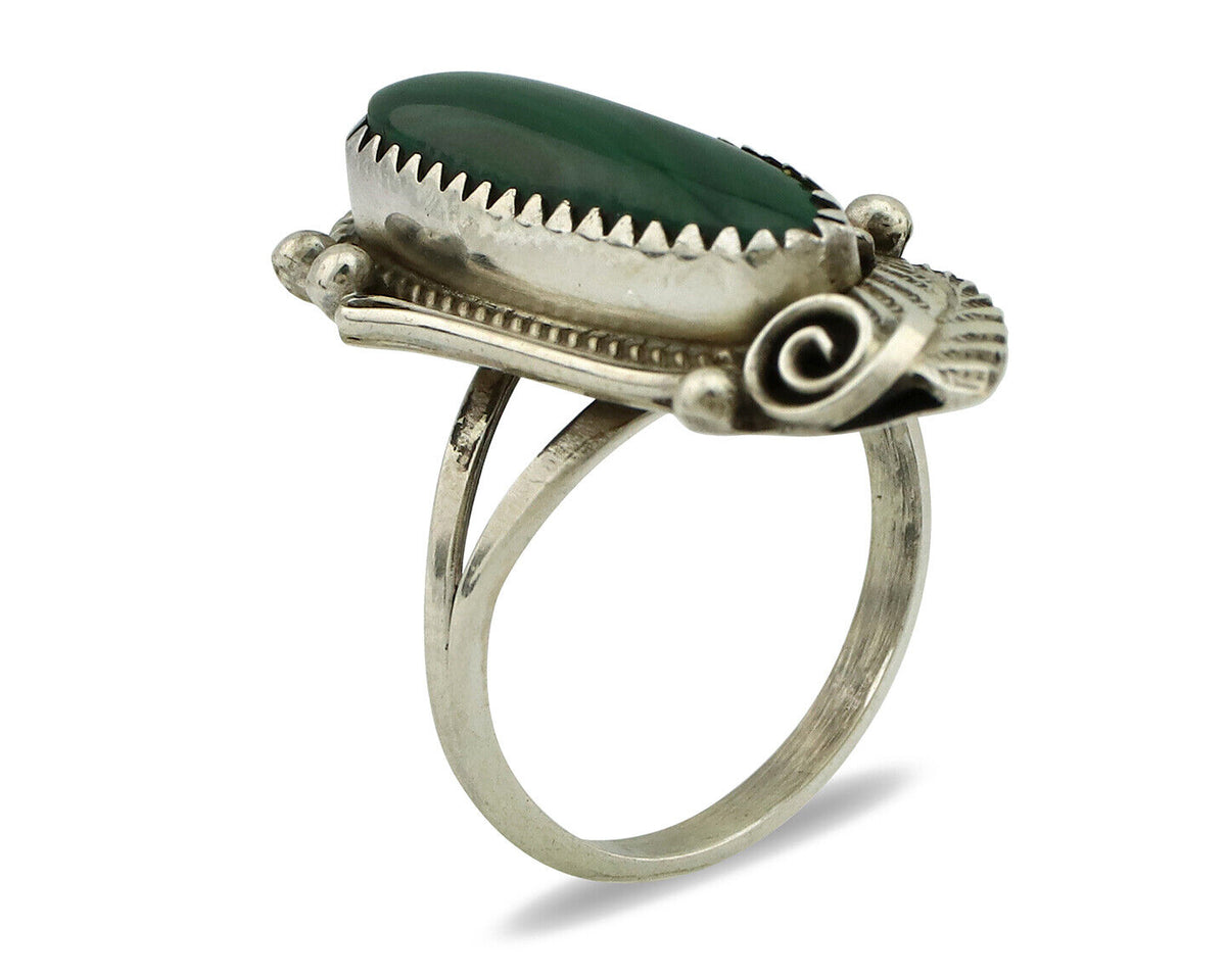 Navajo Ring 925 Silver Natural Green Malachite Signed Justin Morris C.80's