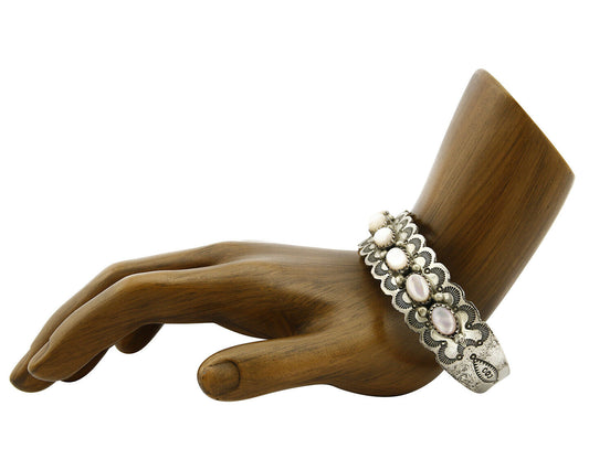 Women's Navajo Bracelet .925 Silver Natural Pink Mussel Cuff Signed Carlos C80's