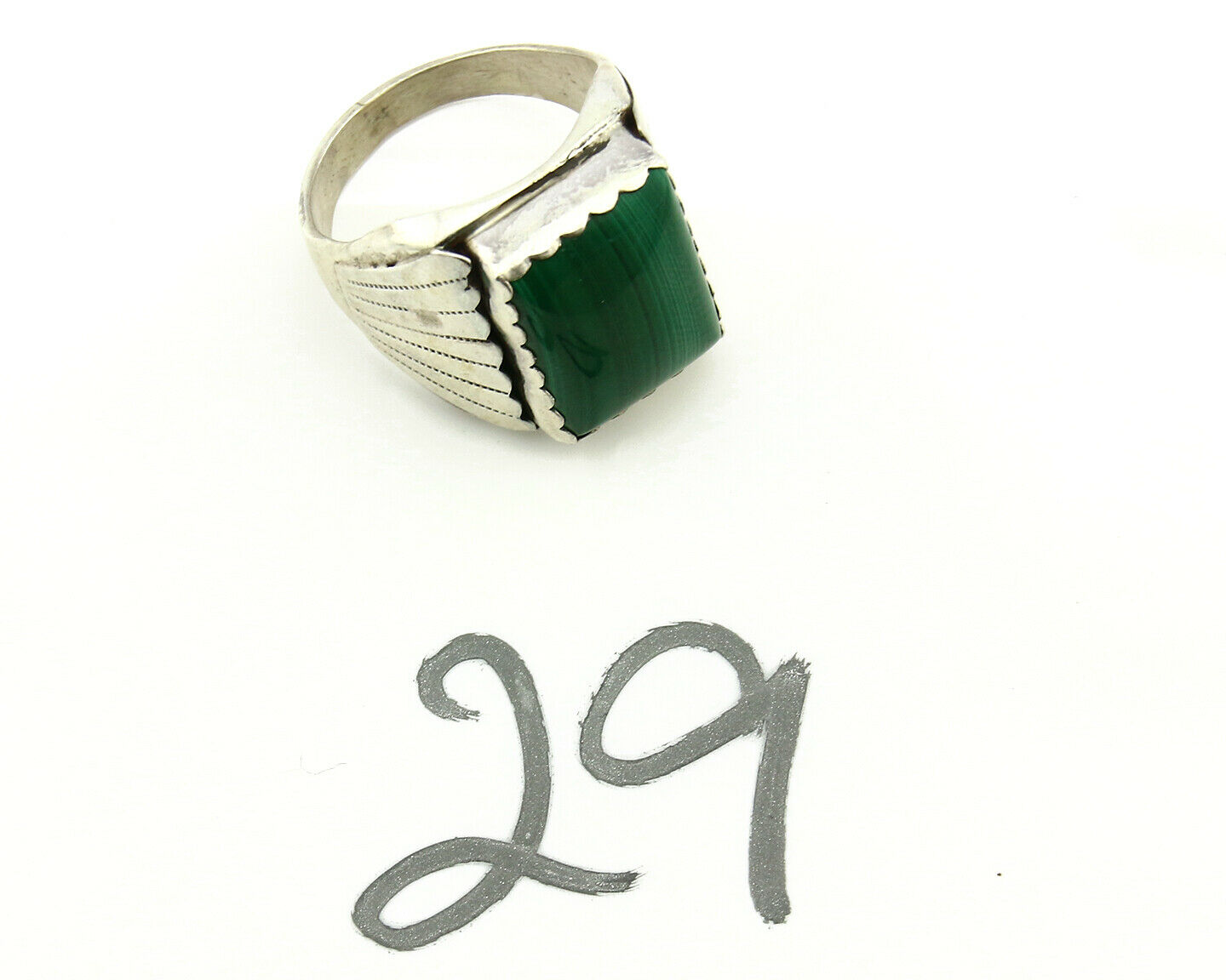 Navajo Ring .925 Silver Natural Malachite Signed Artist DL Native American C.80s