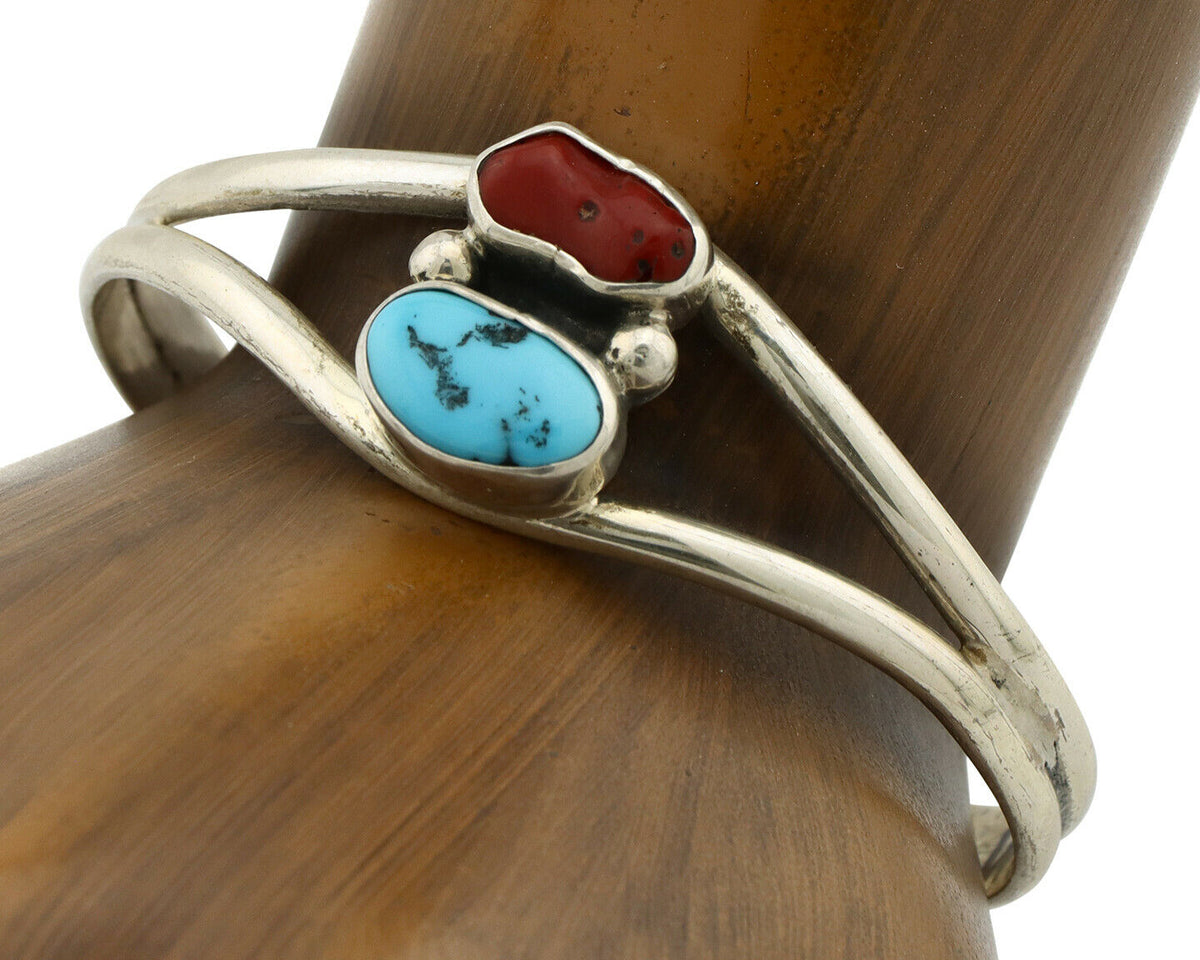 Navajo Bracelet .925 Silver Coral & Turquoise Native American C.90's