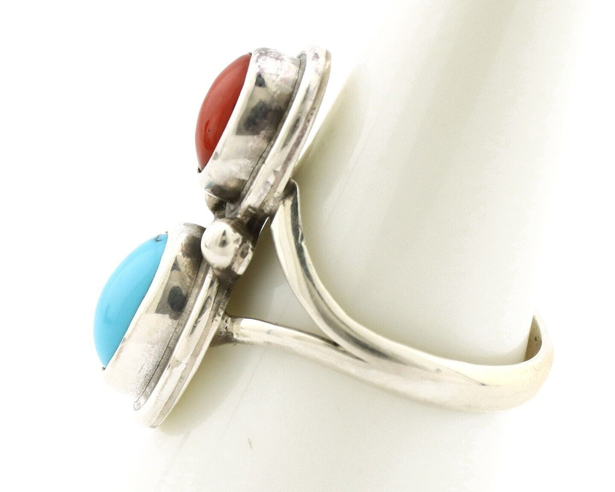 Navajo Handmade Ring 925 Silver Coral & Turquoise Native American Artist C.80's