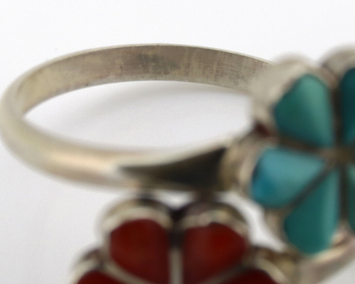Zuni Flower Ring 925 Silver Turquoise & Coral Native American Artist C.80's