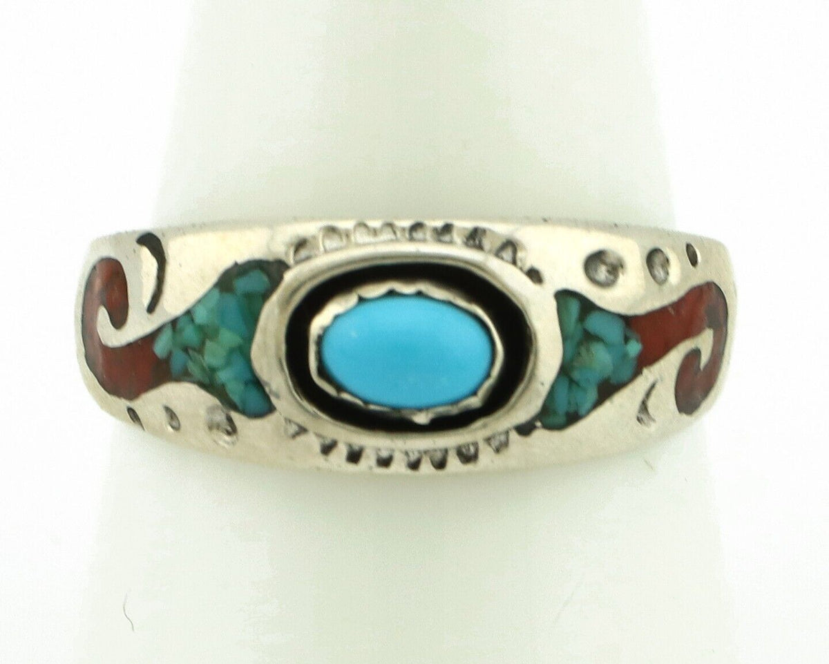 Navajo Handmade Ring 925 Silver Blue Turquoise & Coral Native American C.80's