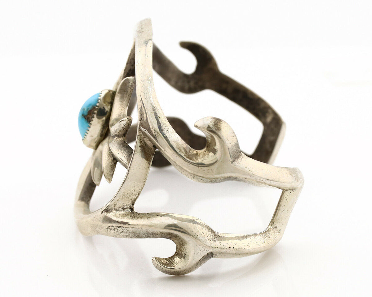 Navajo Sand Cast Cuff Bracelet .925 Silver Morenci Turquoise Native Artist C.80s
