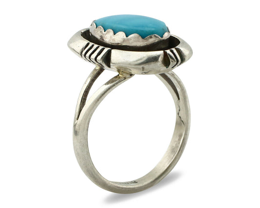 Navajo Ring .925 Silver Blue Gem Turquoise Handmade Native American Artist C80s