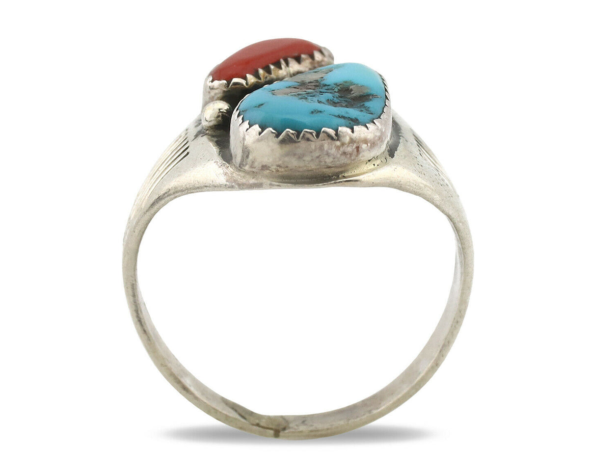 Zuni Ring .925 Silver Natural Turquoise & Coral Native American Artist C.1980's