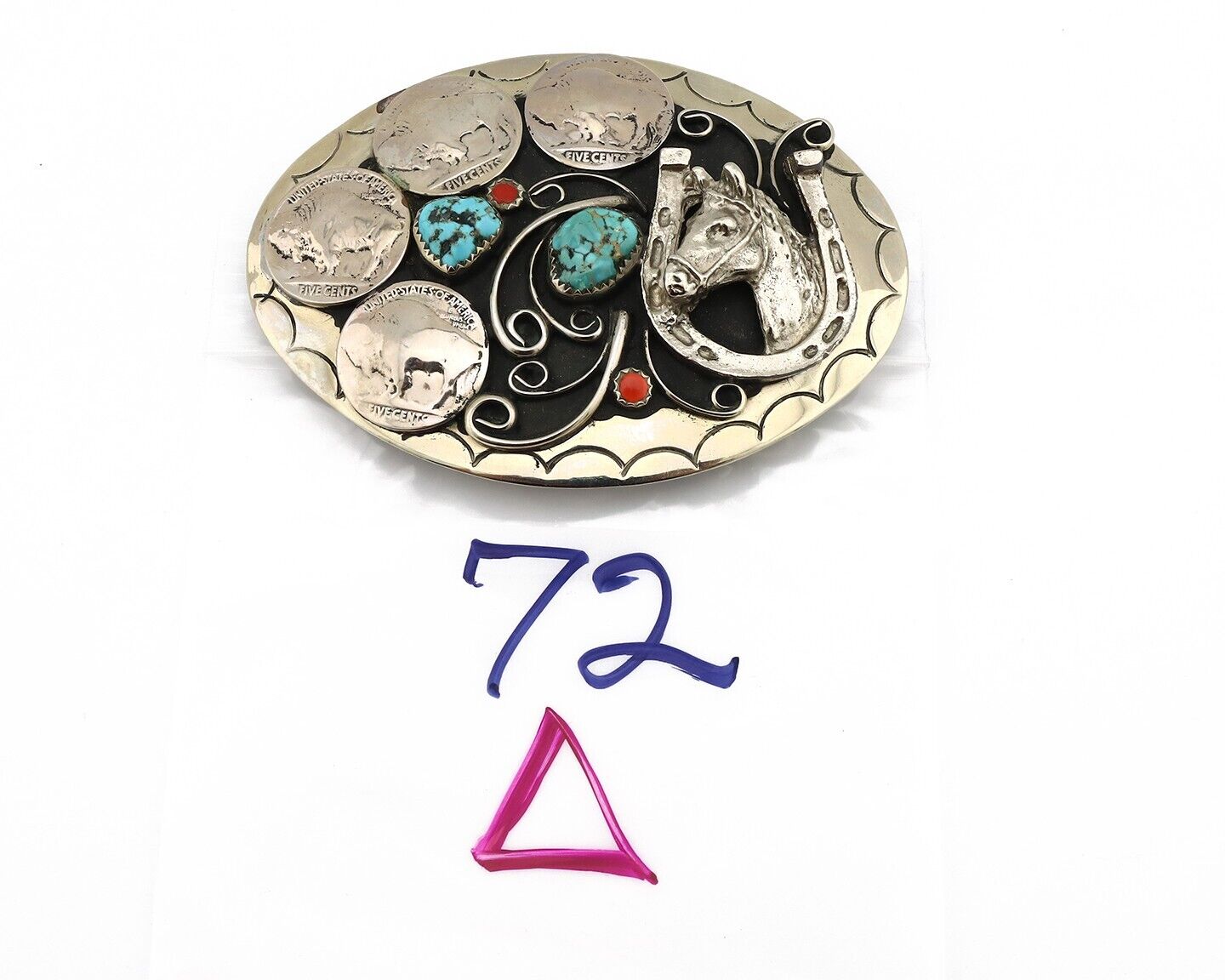 Navajo Horse Belt Buckle Nickle Silver Gemstone Handmade Native American C.80's