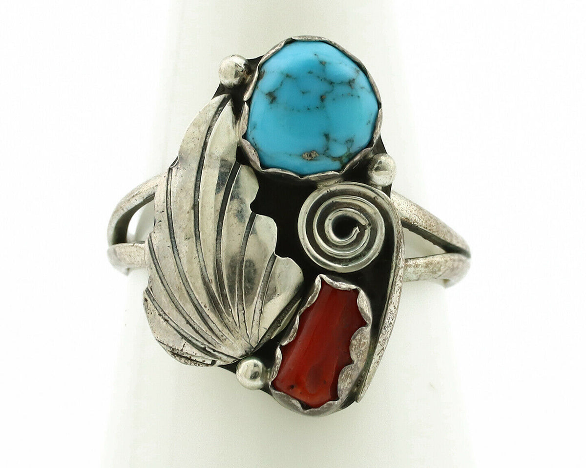 Navajo Ring .925 Silver Turquoise & Coral Native American Artist C.1980's