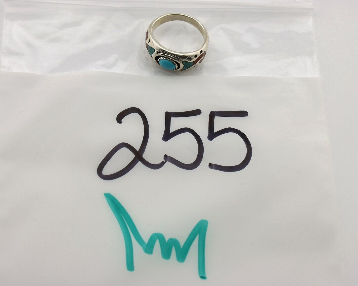 Navajo Inlay Band Ring 925 Silver Turquoise & Coral Native Artist C.80's