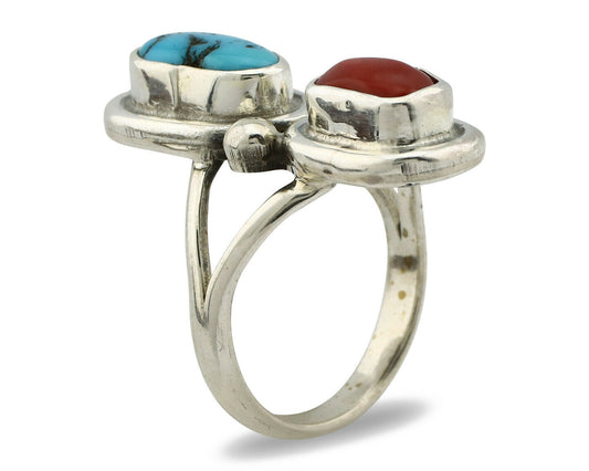 Navajo Ring .925 Silver Red Coral & Blue Turquoise Native Artist C.80's