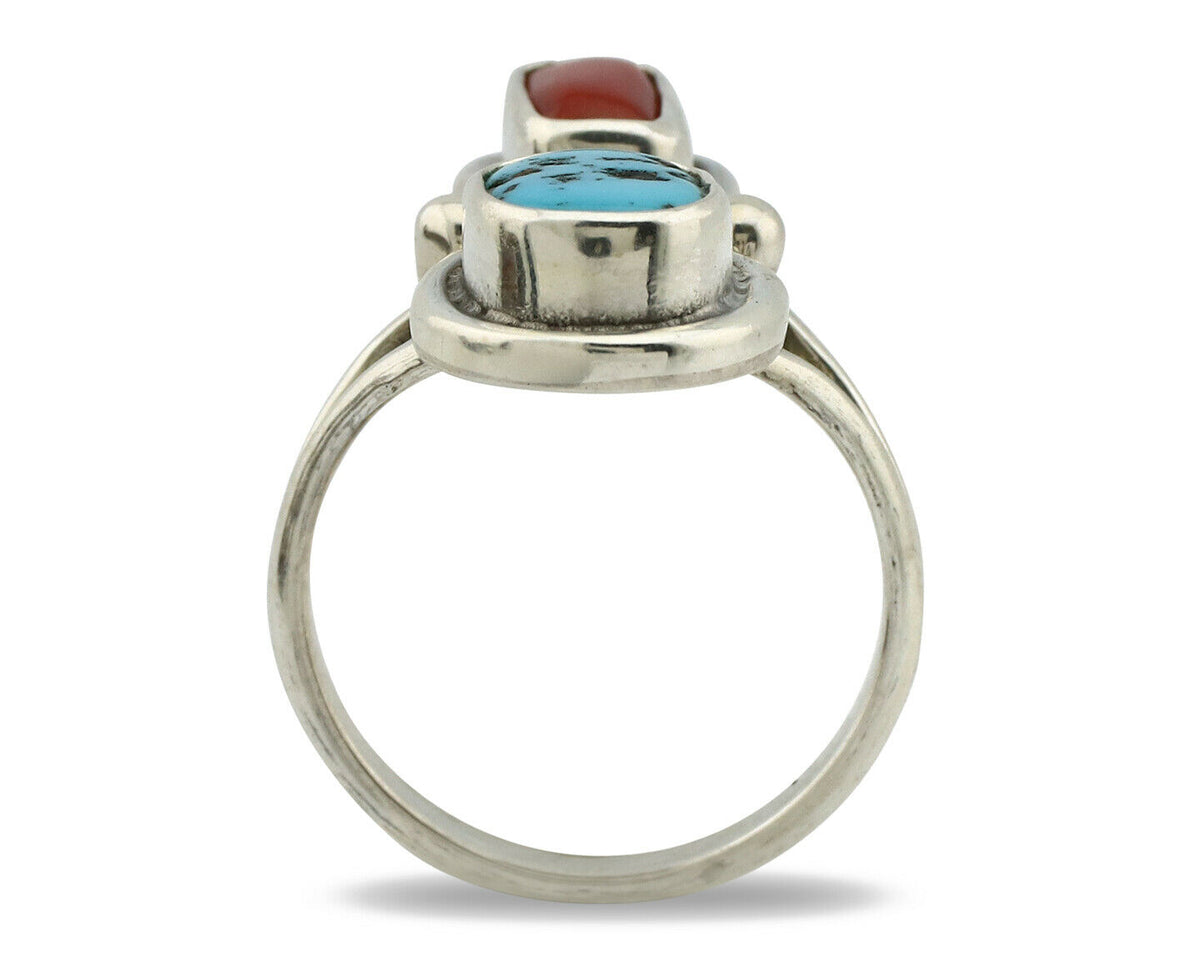 Navajo Ring .925 Silver Red Coral & Blue Turquoise Native Artist C.80's