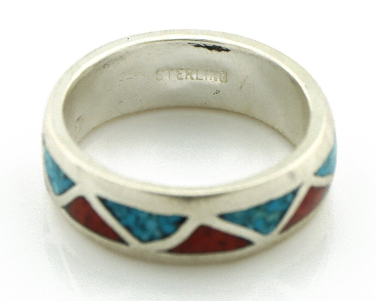 Navajo Chip Inlay Ring 925 Silver Sleeping Beauty Turquoise & Coral Silver Cloud