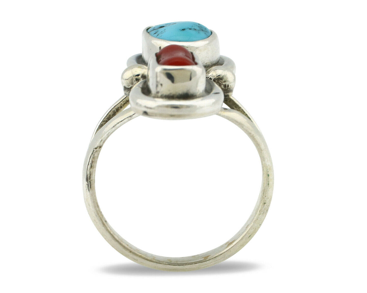 Navajo Ring .925 Silver Red Coral & Blue Turquoise Native Artist C.80's