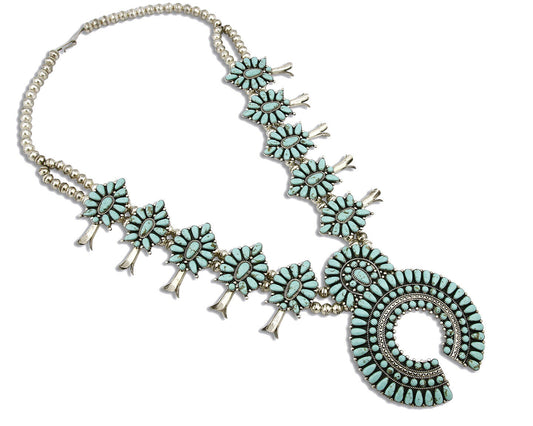 Huge Navajo Squash Necklace .925 Silver Blue Turquoise Artist F.M. Begay