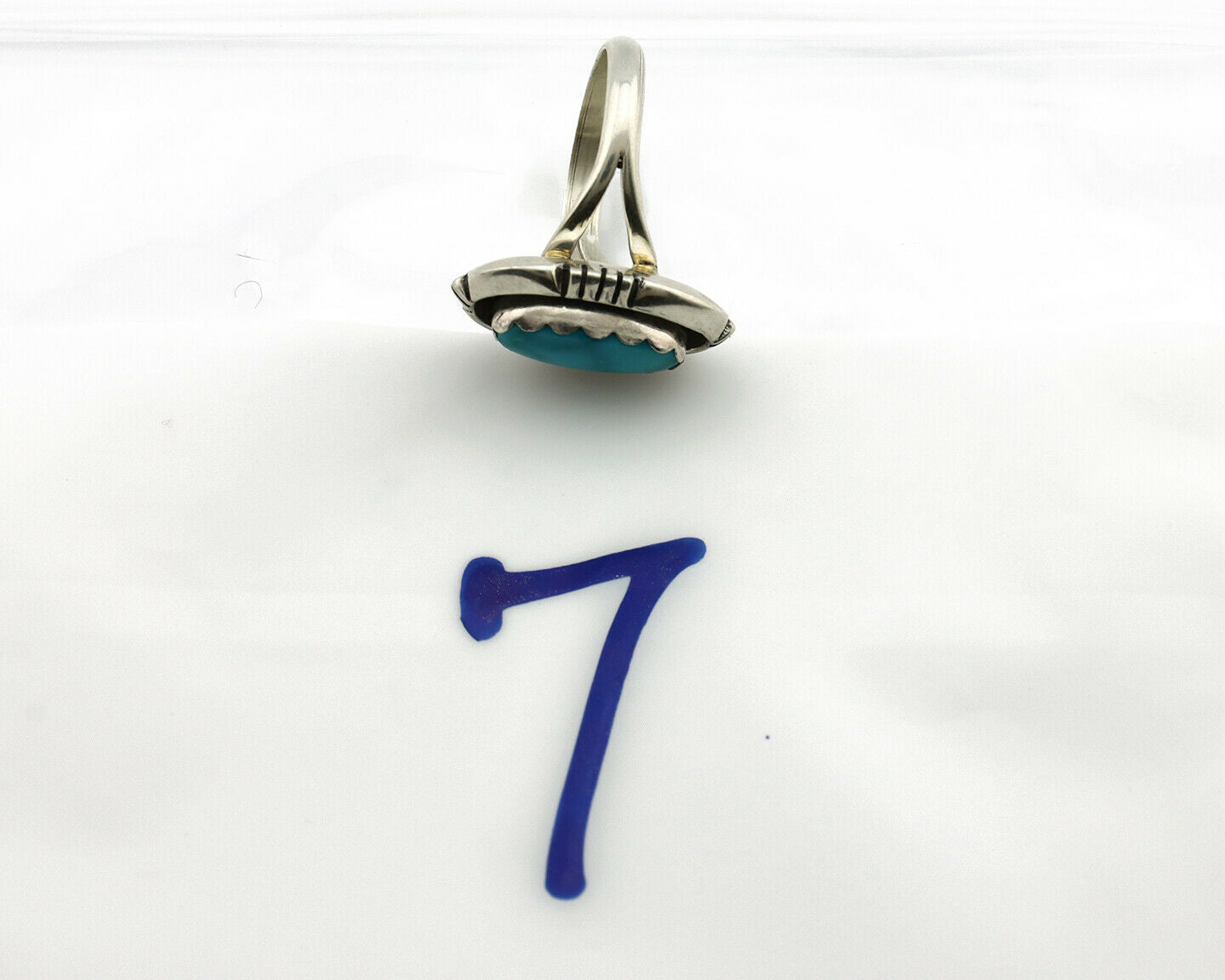 Navajo Ring .925 Silver Blue Gem Turquoise Handmade Native American Artist C80s