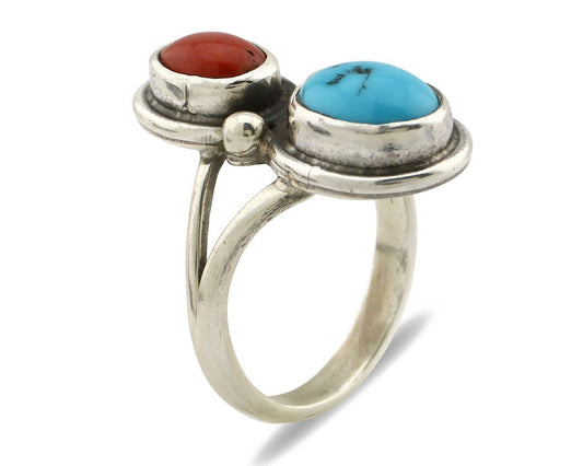 Navajo Inlay Band Ring 925 Silver Turquoise & Coral Native Artist C.80's