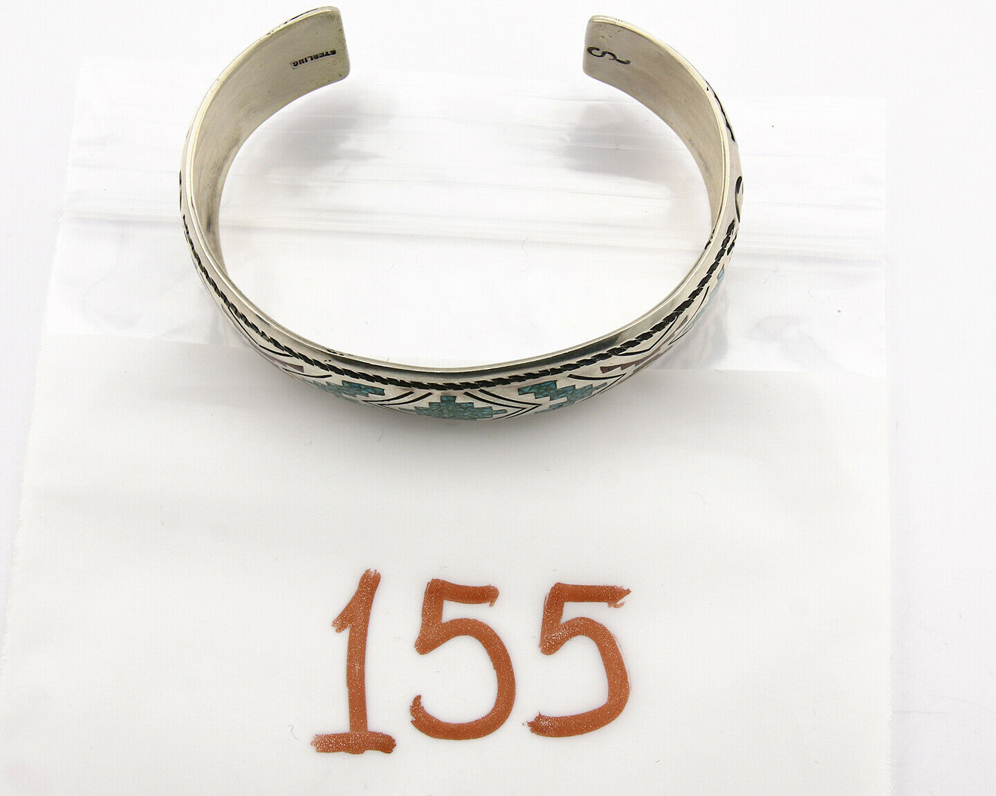 Navajo Bracelet .925 Silver Turquoise & Coral Cuff Signed Stanley Bain C.80's