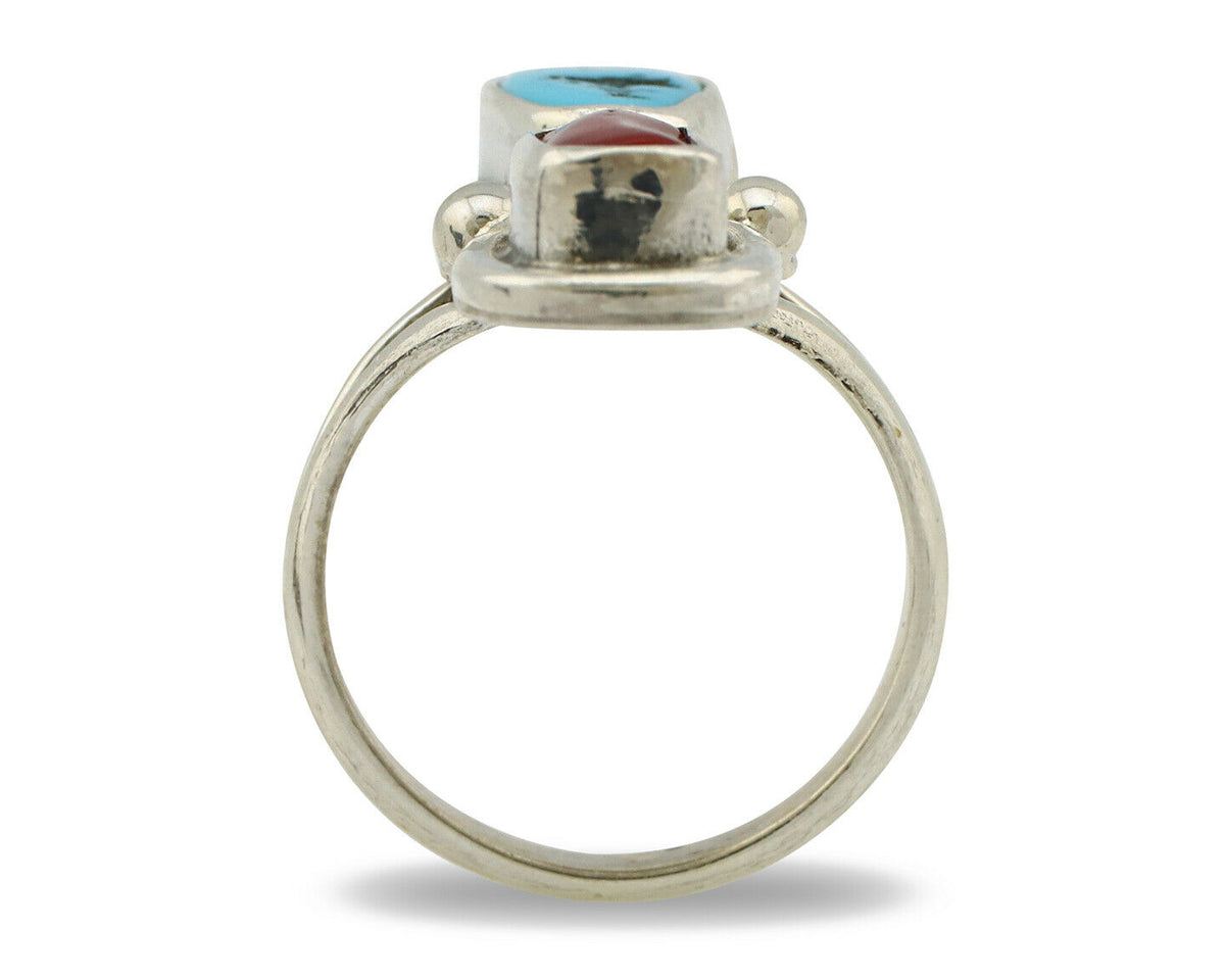 Navajo Ring .925 Silver Blue Turquoise & Red Coral Native American Artist C.80's