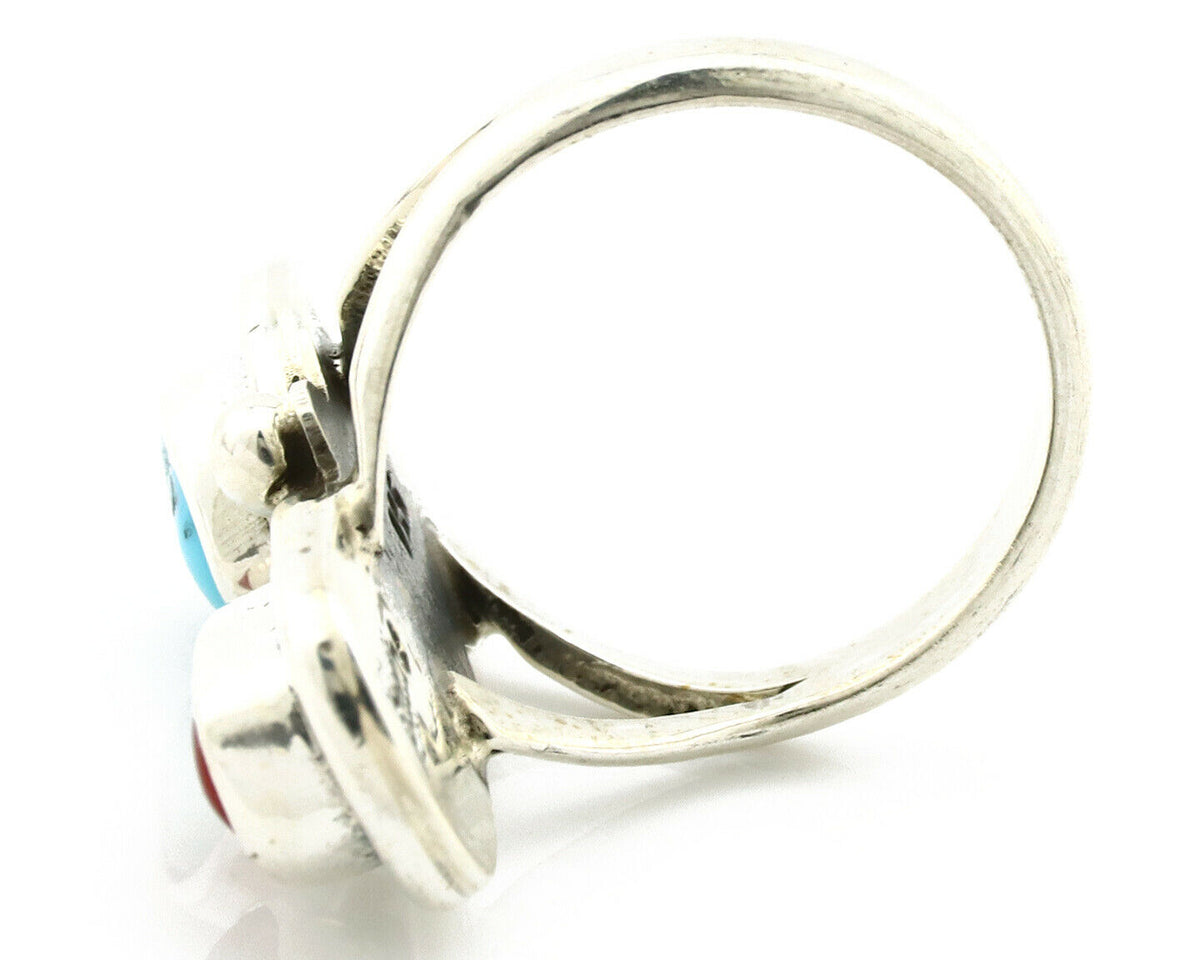 Navajo Ring .925 Silver Red Coral & Blue Turquoise Native Artist C.80's