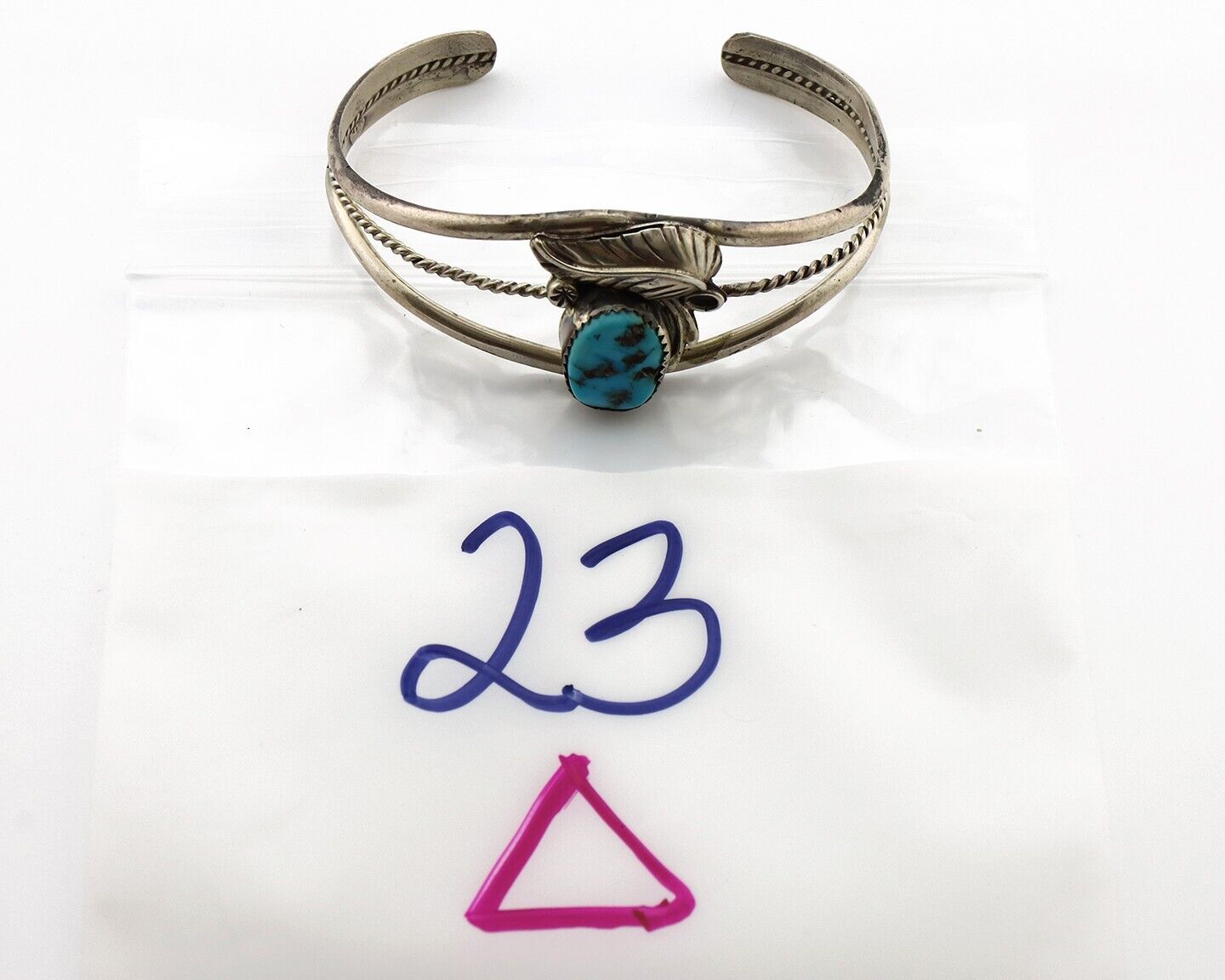 Navajo Chip Inlay Cuff Bracelet 925 Silver Turquoise Native American Artist C80s