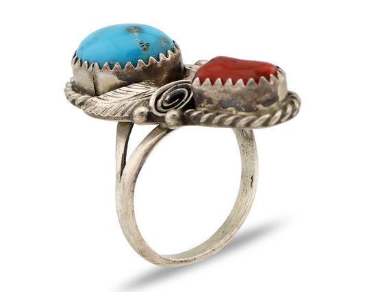 Navajo Ring 925 Silver Blue Turquiose & Coral Artist Signed Justin Morris C.80's