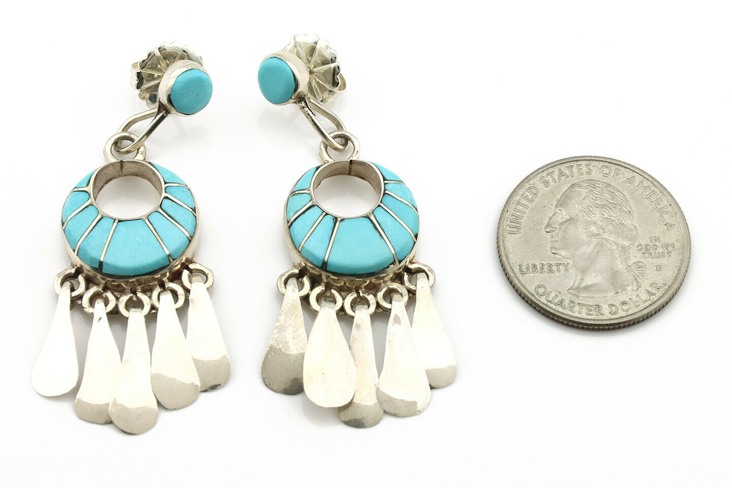 Zuni Earrings .925 Silver Inlaid Blue Turquoise Artist Native C.80